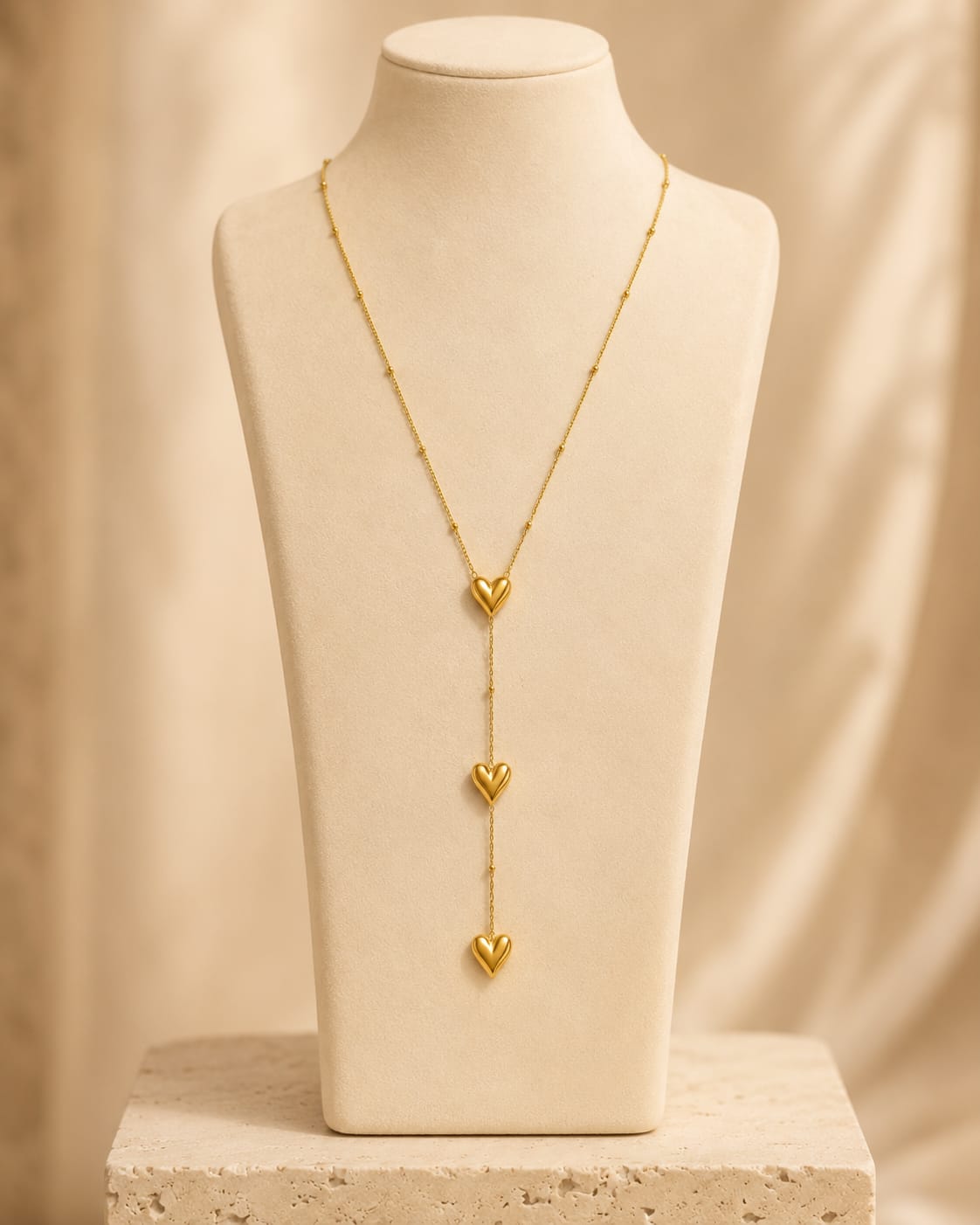 Triple Heart Drop Gold-Tone Stainless Steel Y Necklace