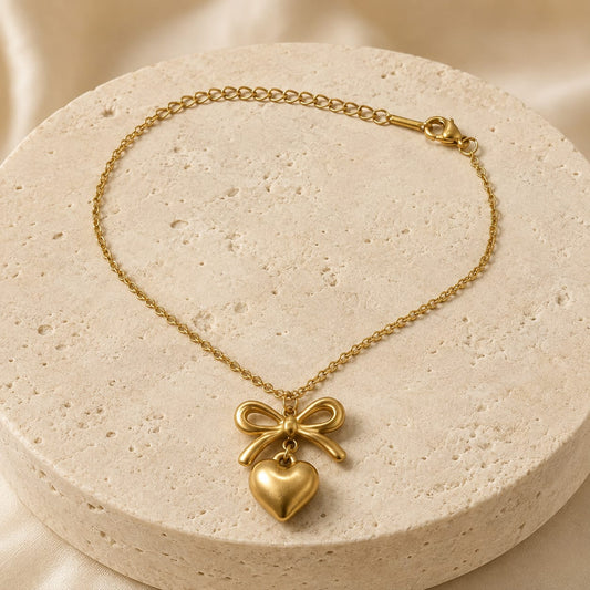 Bow Heart Charm Gold-Tone Stainless Steel Bracelet