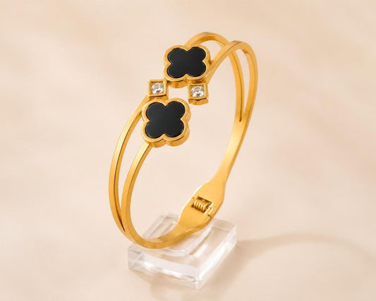 Black Clover Crystal Gold-Tone Stainless Steel Bangle