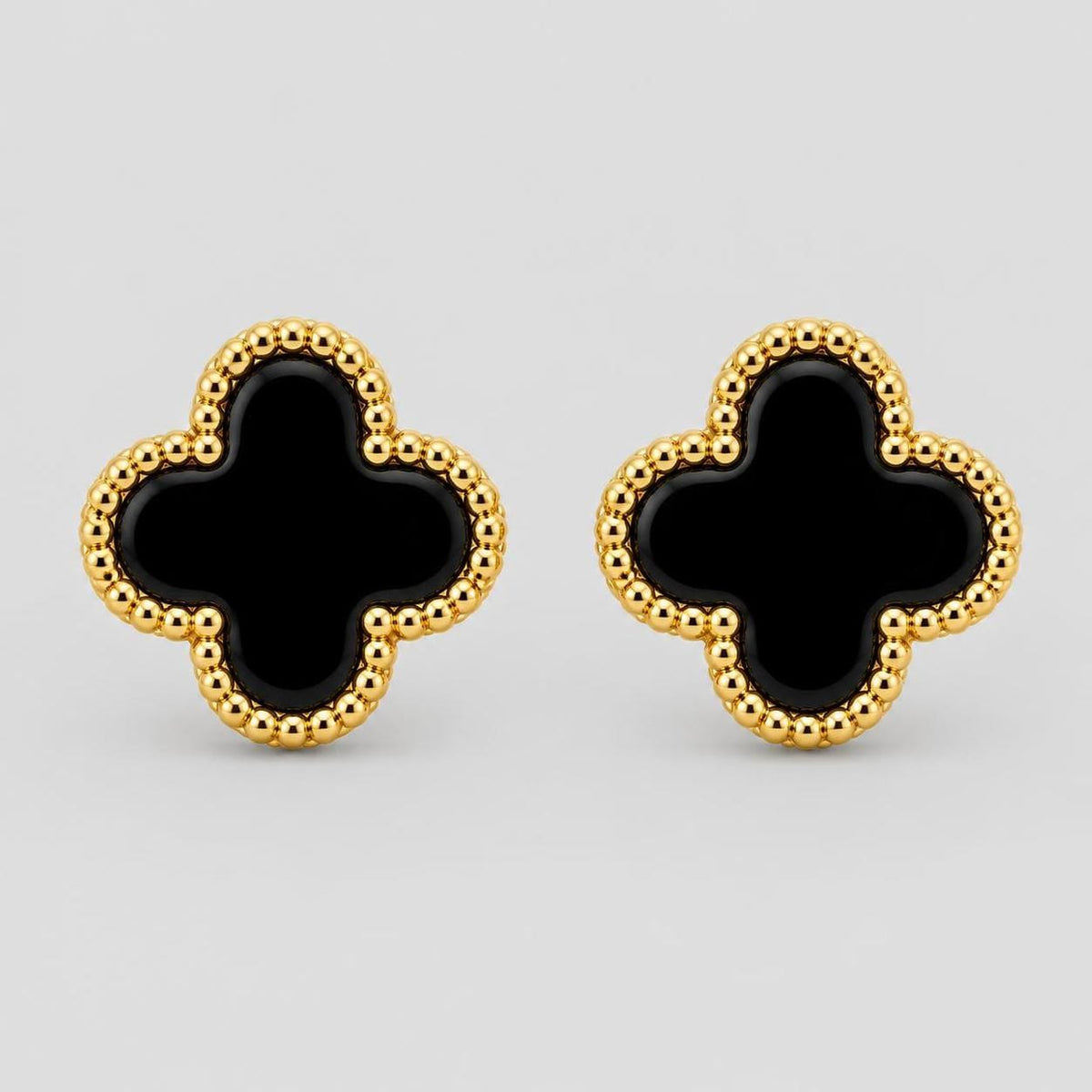 Black Clover Stud Earrings with Gold Beaded Border – Stainless Steel