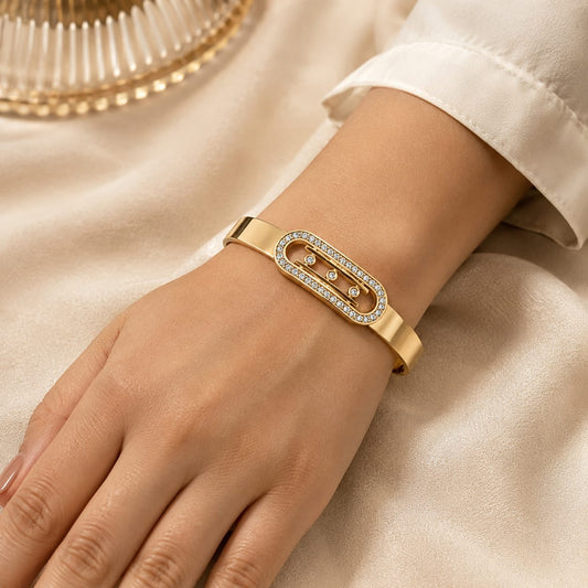 Elara Triple Crystal Oval Gold-Tone Stainless Steel Bangle