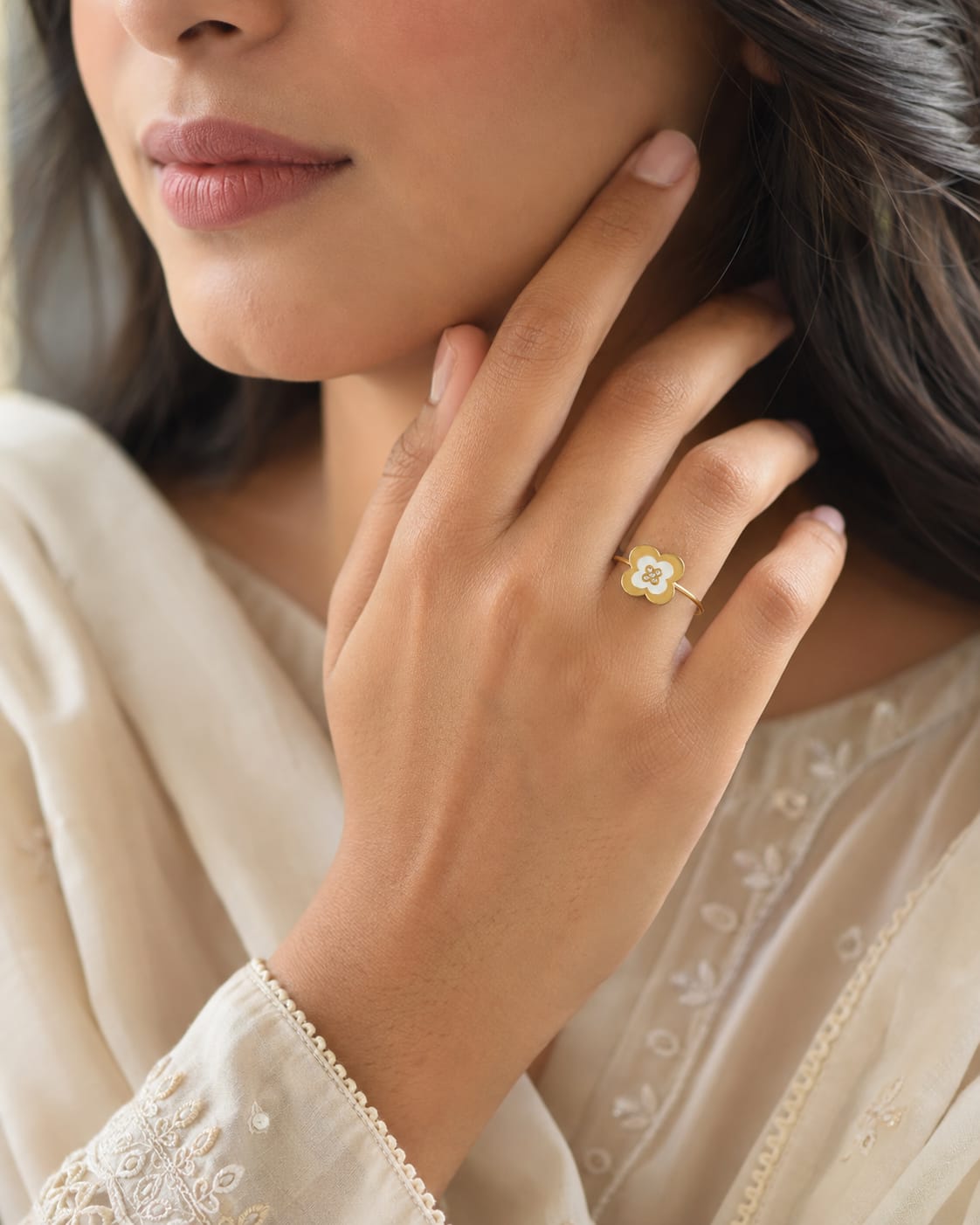 White Clover Clear-Stone Gold-Tone Adjustable Stainless Steel Ring for Women