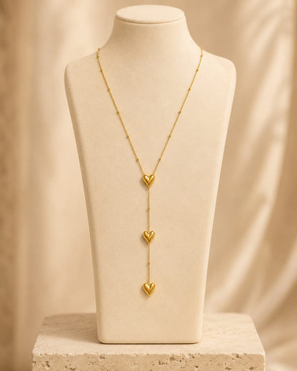Triple Heart Drop Gold-Tone Stainless Steel Y Necklace