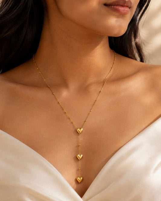 Triple Heart Drop Gold-Tone Stainless Steel Y Necklace