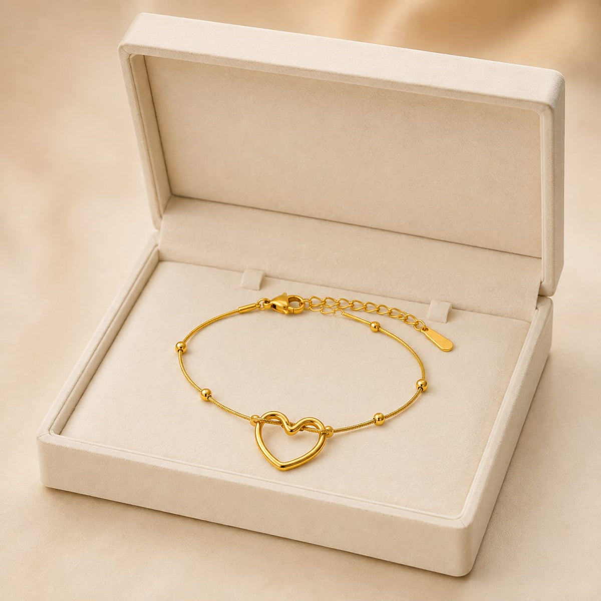 Open Heart Beaded Gold-Tone Stainless Steel Bracelet