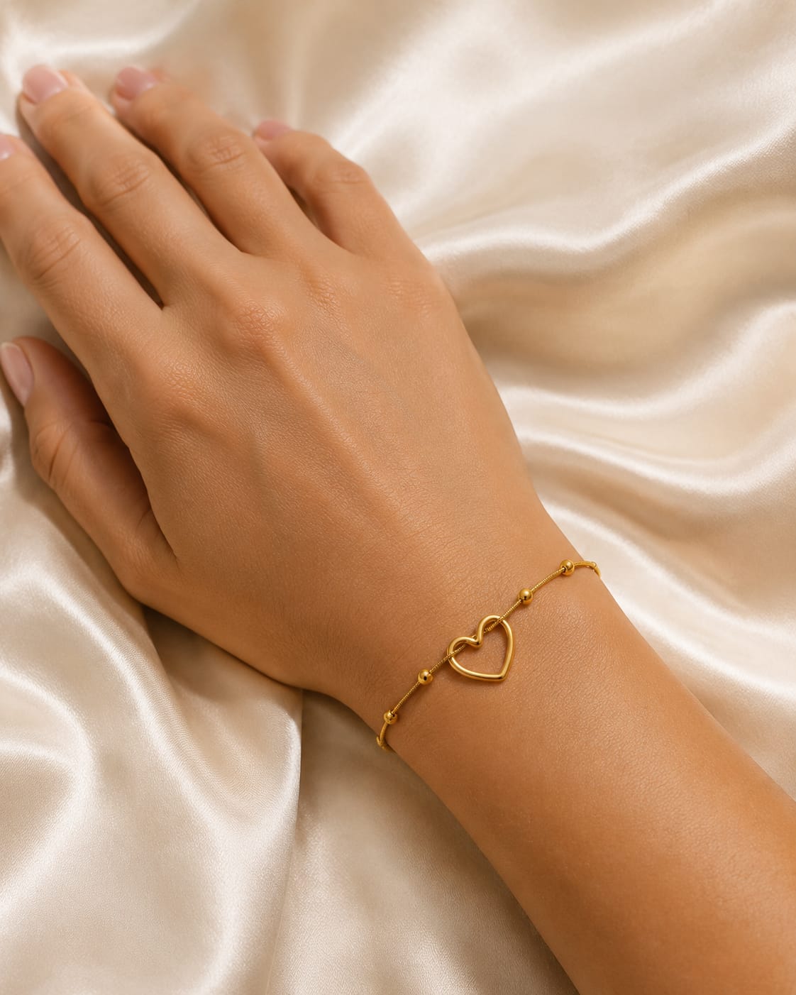 Open Heart Beaded Gold-Tone Stainless Steel Bracelet