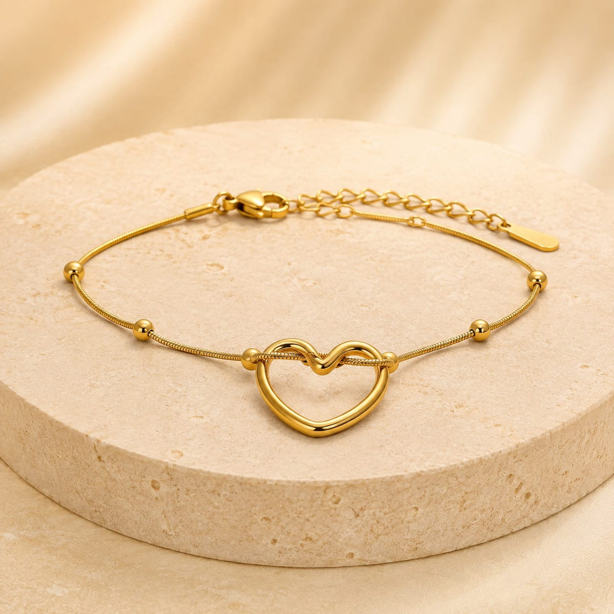 Open Heart Beaded Gold-Tone Stainless Steel Bracelet