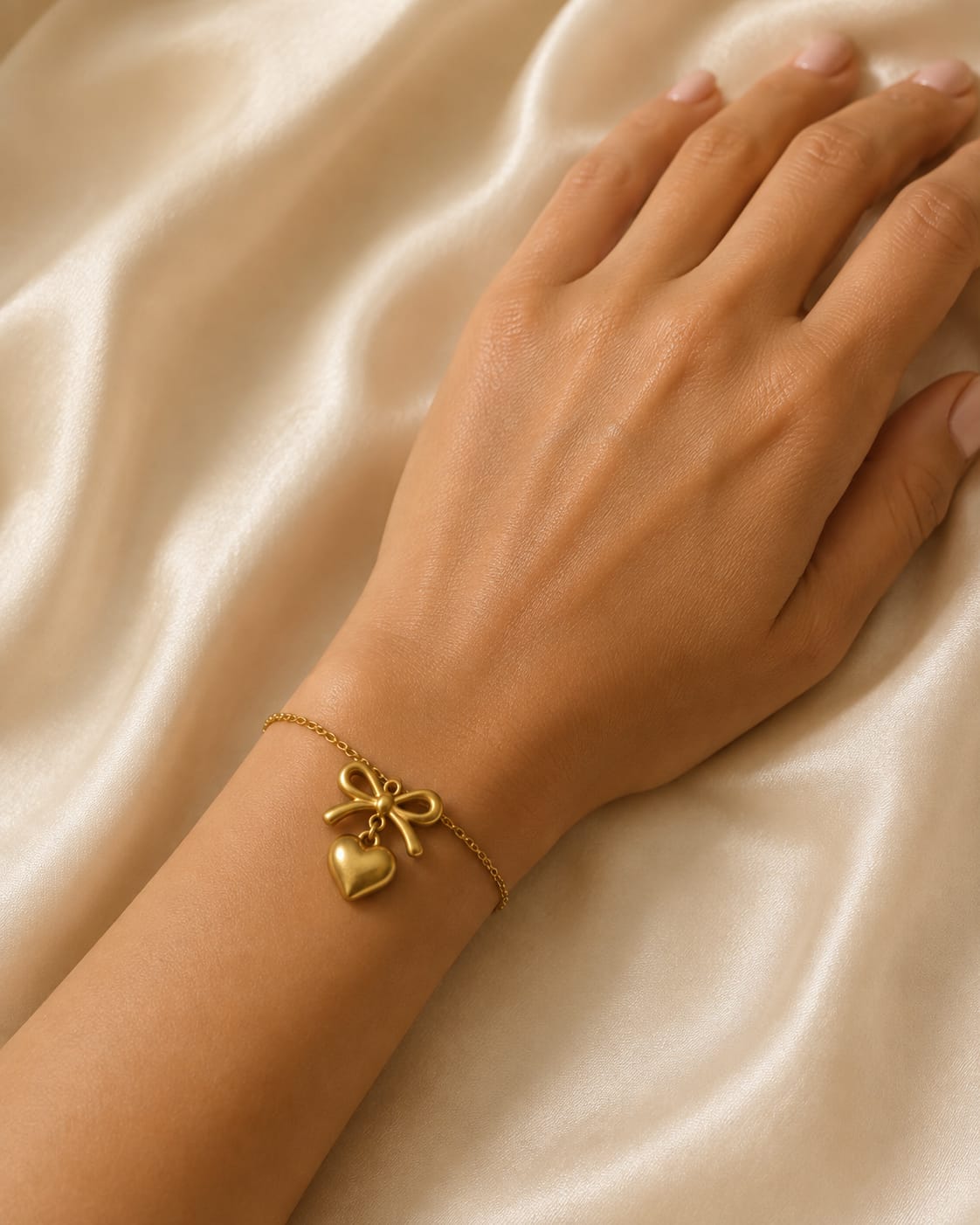 Bow Heart Charm Gold-Tone Stainless Steel Bracelet