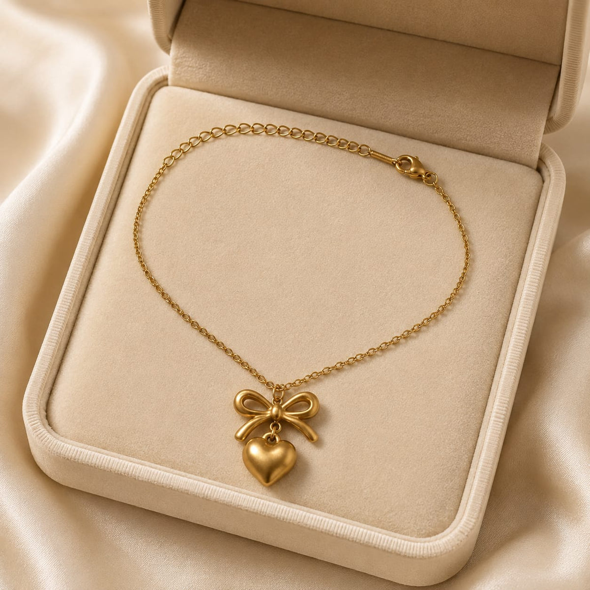 Bow Heart Charm Gold-Tone Stainless Steel Bracelet