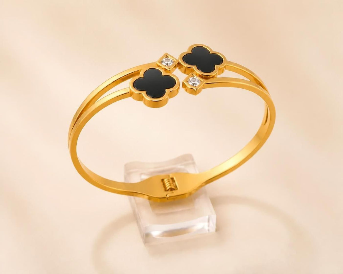 Black Clover Crystal Gold-Tone Stainless Steel  Bangle
