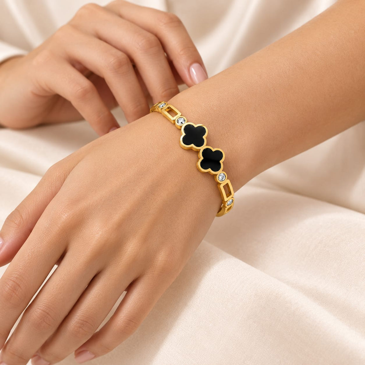 Twin Black Clover Clear-Stone Gold-Tone Stainless Steel Bangle