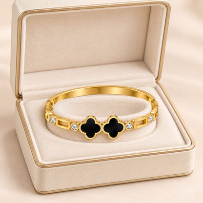 Twin Black Clover Clear-Stone Gold-Tone Stainless Steel Bangle