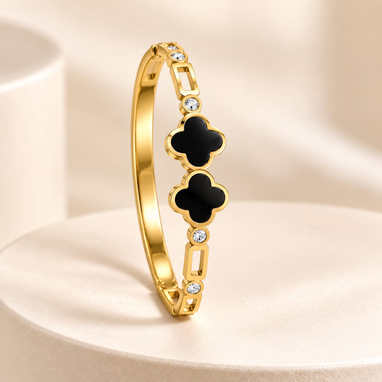 Twin Black Clover Clear-Stone Gold-Tone Stainless Steel Bangle