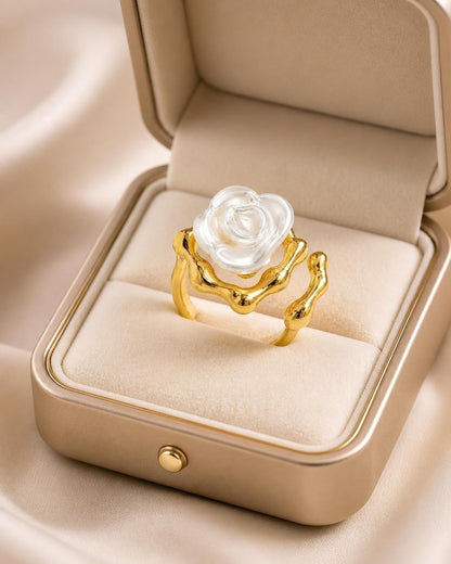 White Rose Sculptural Gold-Tone Adjustable Stainless Steel Ring for Women