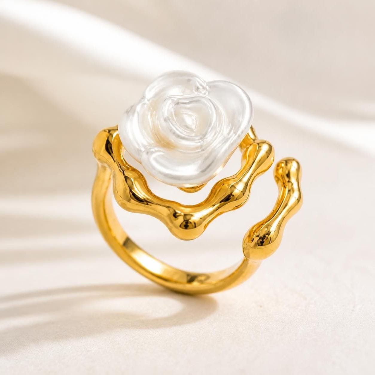 White Rose Sculptural Gold-Tone Adjustable Stainless Steel Ring for Women