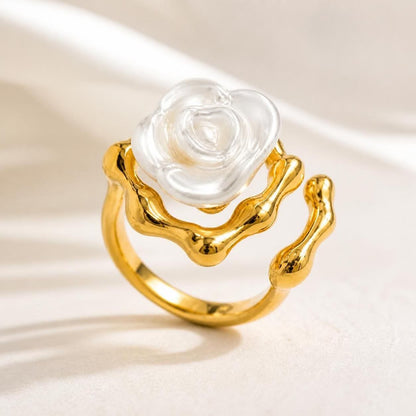White Rose Sculptural Gold-Tone Adjustable Stainless Steel Ring for Women