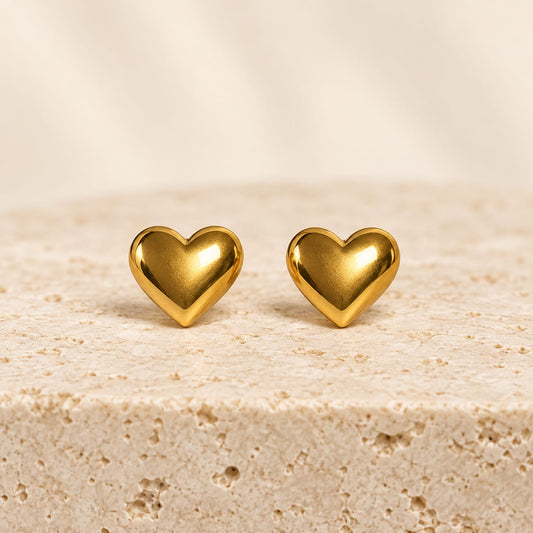 Russian Gold Puffy Heart Stud Earrings – Stainless Steel