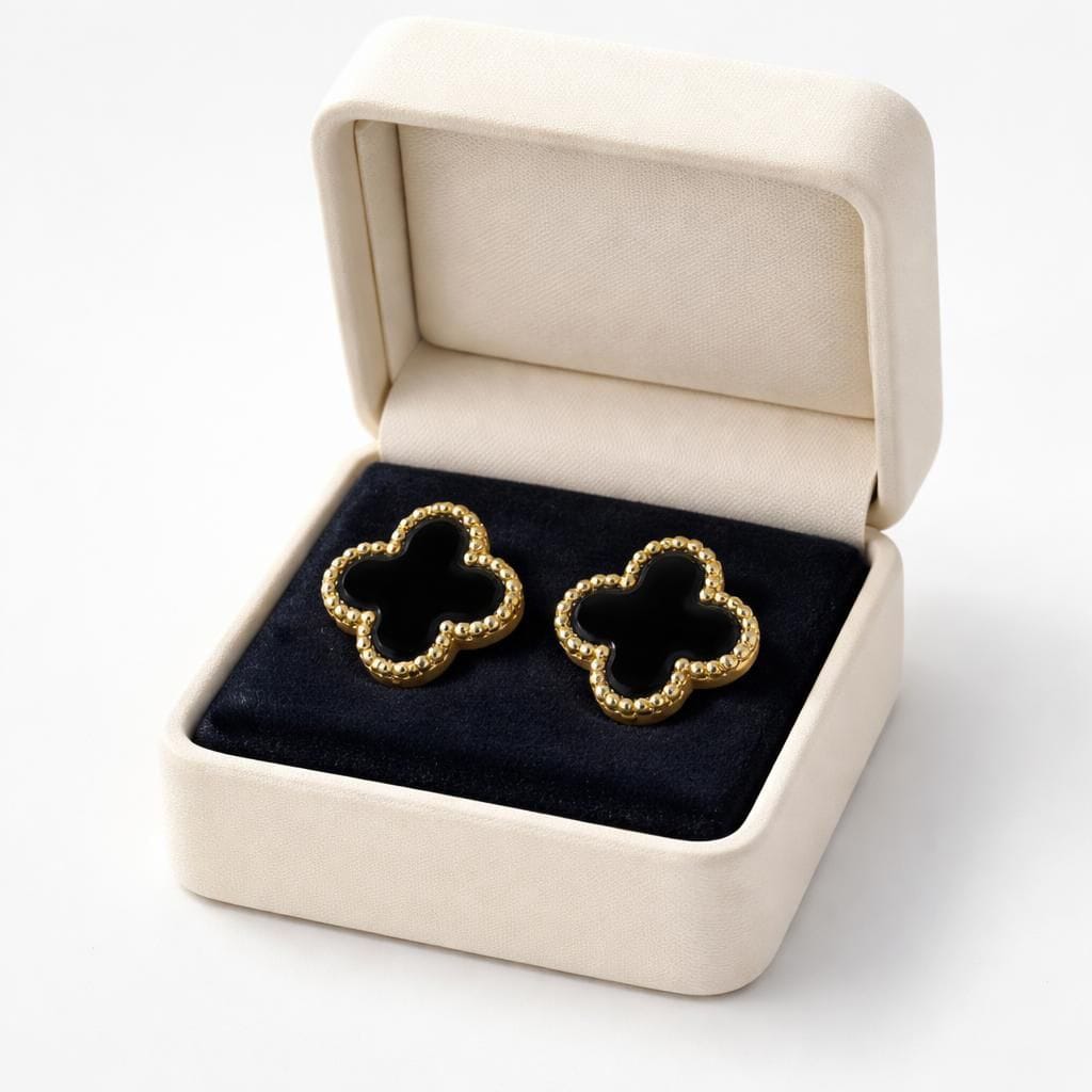Black Clover Stud Earrings with Gold Beaded Border – Stainless Steel