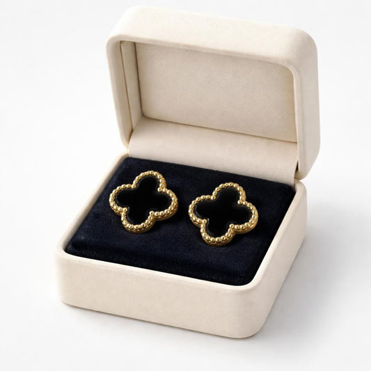 Black Clover Stud Earrings with Gold Beaded Border – Stainless Steel