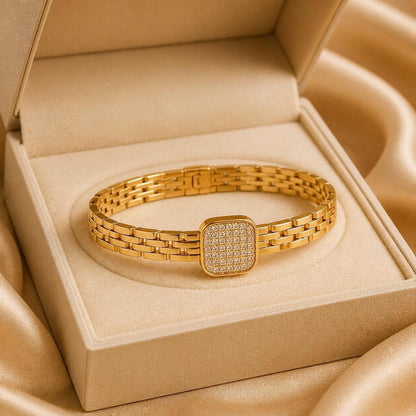 Aurevia Crystal Square Gold-Tone Stainless Steel Bangle